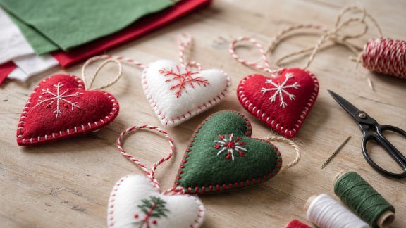 DIY : créer des cœurs de Noël en feutrine pour décorer le sapin