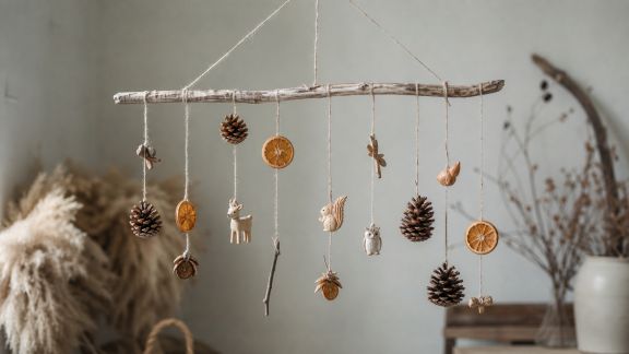 DIY : faire un mobile de Noël aérien avec éléments naturels et figurines